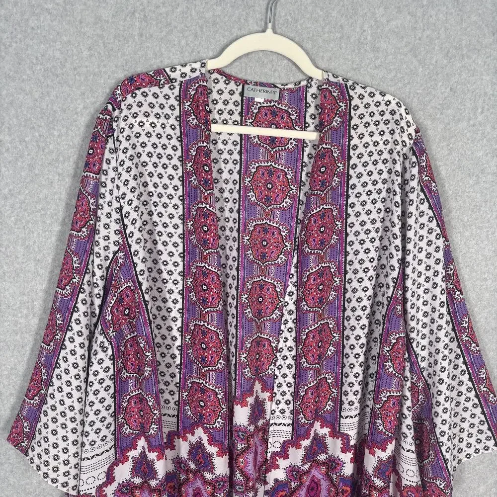 Catherines Kimono Cardigan 3X Pink Purple Paisley Boho Cover Up Medallion Duster